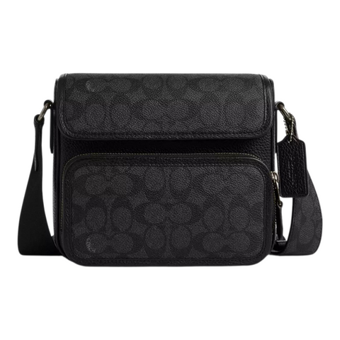 Чоловіча шкіряна сумка Coach Sullivan Flap Crossbody Signature, чорна coach126 фото